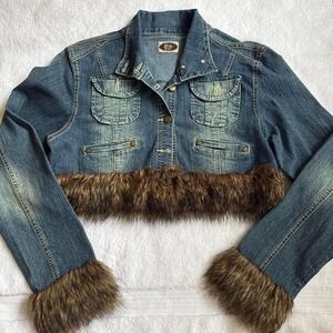 y2k cropped faux fur denim jacket with a unique design